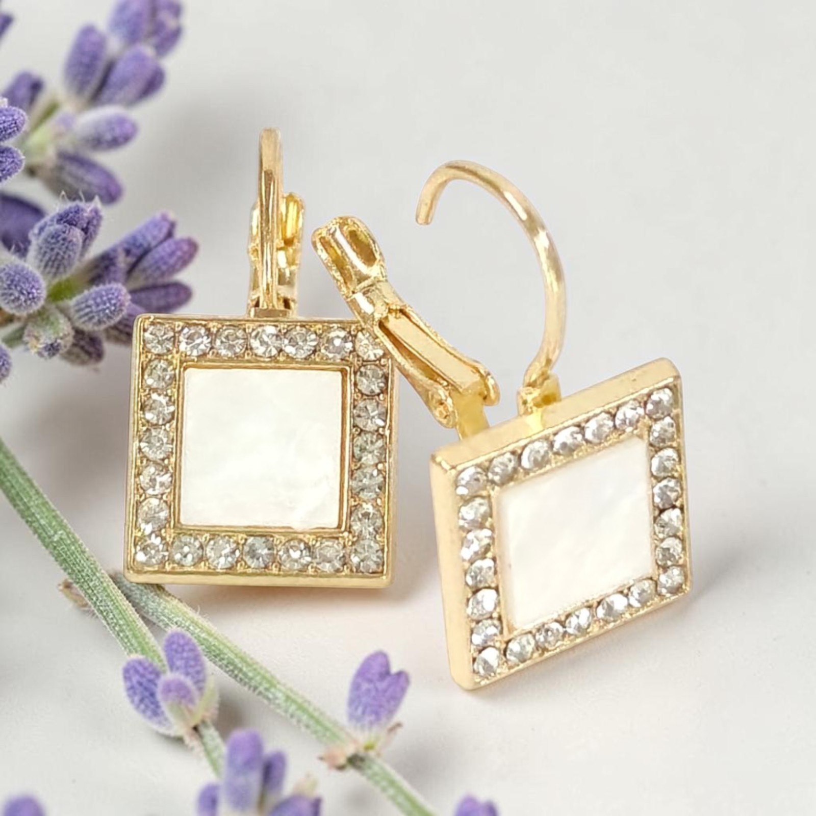 Gold Plated Square Drop Faux Pearl Inlay & Crystal Halo Dangle Party Earrings