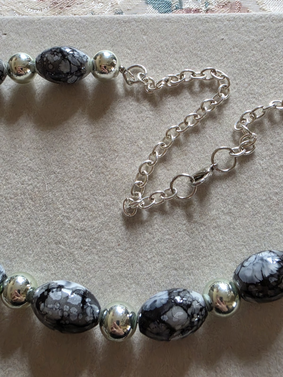 Beautiful Artisan Glass Bead Necklace + Drop Earring Silver Tone Black Classic