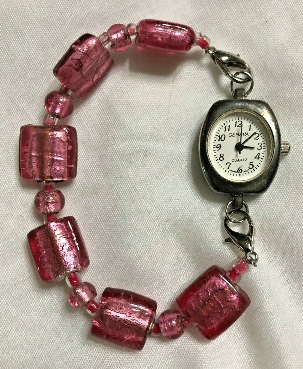 Geneva watch w rose pink glass acrylic bracelet band approx 6 inches