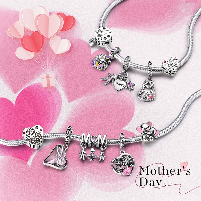 MULA Pink Elephant Mother 925 Sterling Silver DIY Charm for Women Bracelet