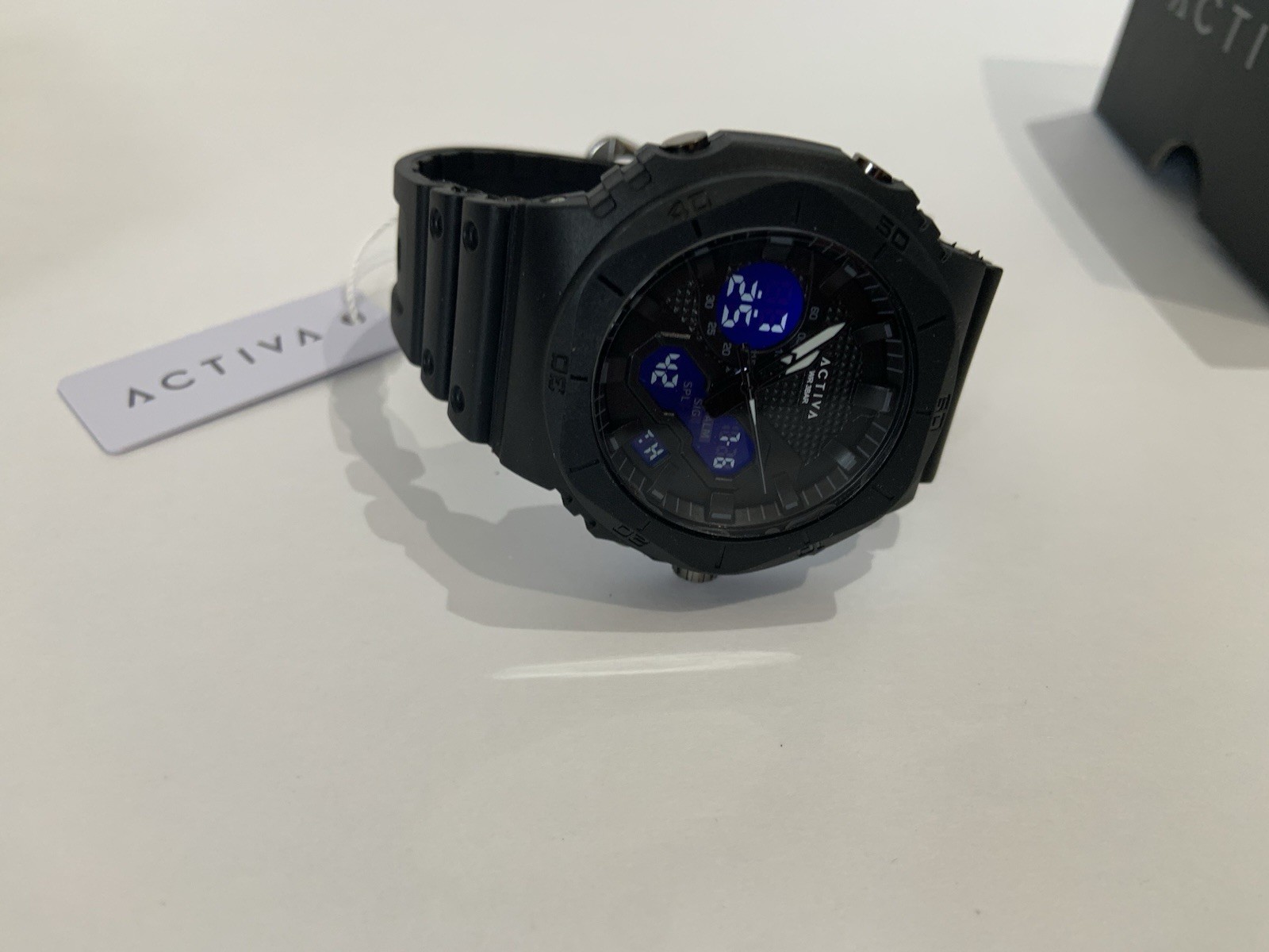 Activa Men’s Analog-Digital Quartz Watch 30m Black Rubber Strap 48-52mm w/ Box