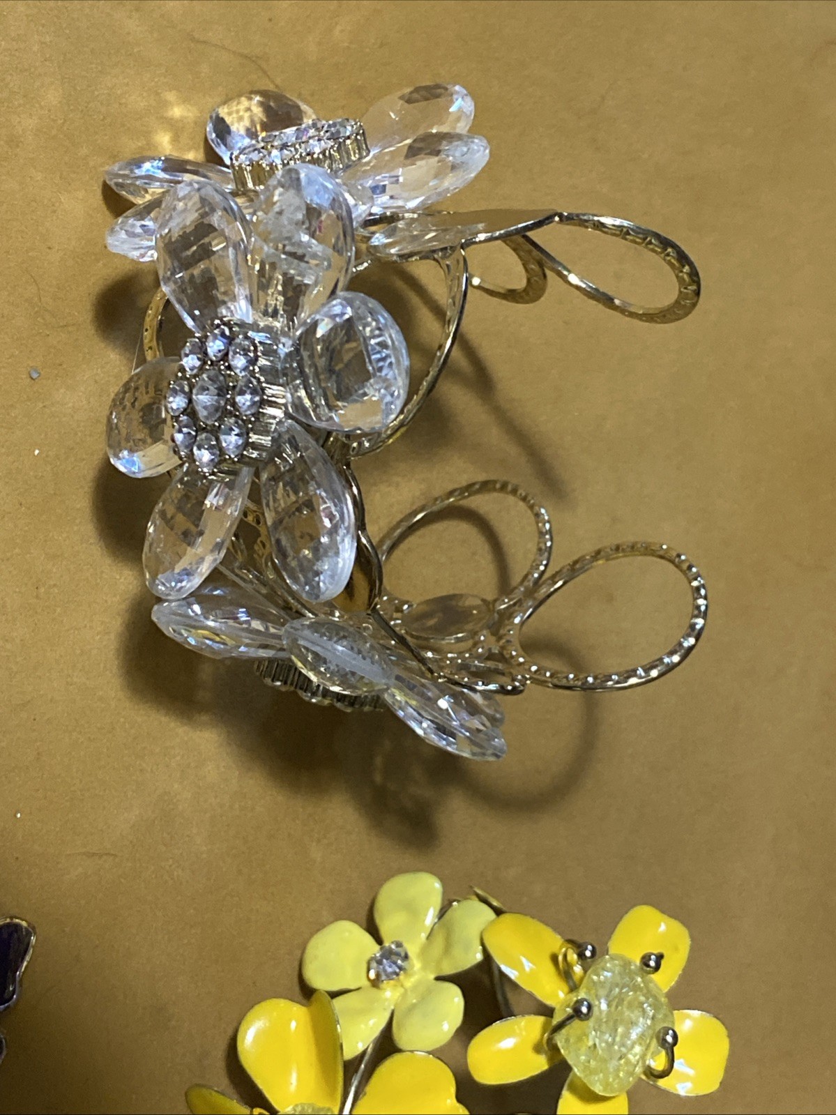 VTG Chunky Flower Cuff Bracelets (2) Metal Enamel Ceramic Flower Brooches Lot