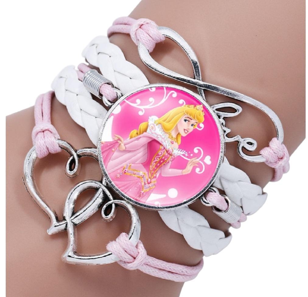 Princess Sleeping Beauty Glass Domed Love Logo Braided Leather Bracelet