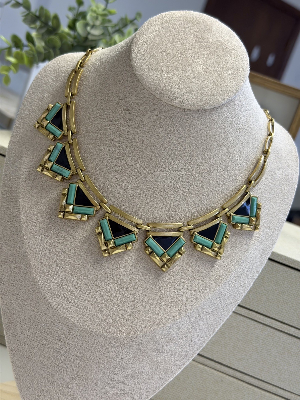 Stella & Dot Egyptian Revival Statement Necklace Gold Tone Turquoise Enamel