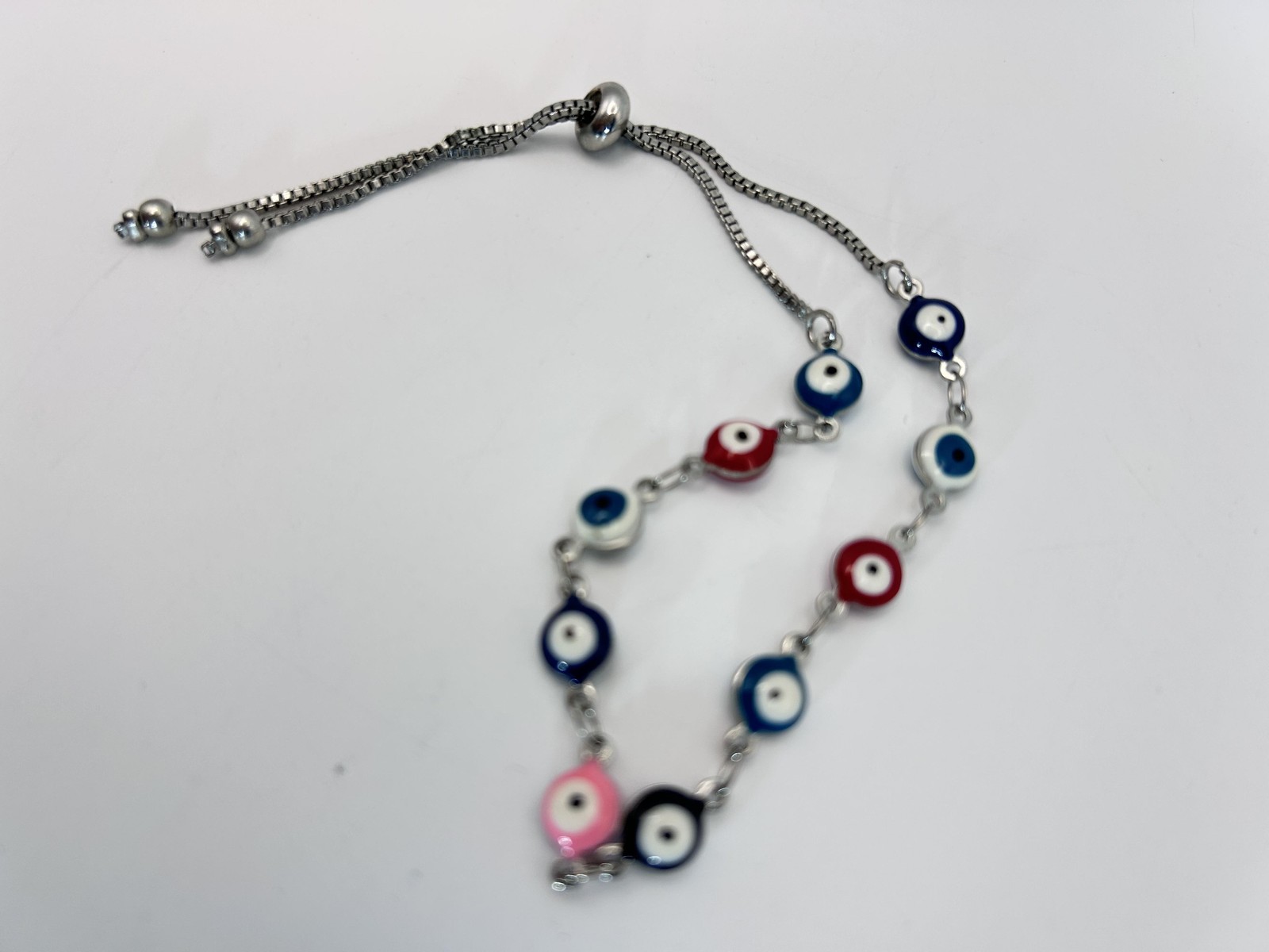 Bracelet Multicolor Glass Evil Eye Beaded Chain Bolo Adjustable 7″ Boho Womens