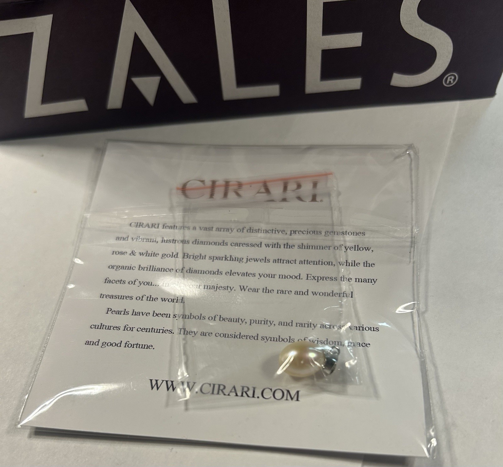 CIRARI 7.00 mm Pearl Charm With Zales Presentation Box, Gift Bag & CIRARI Cloth