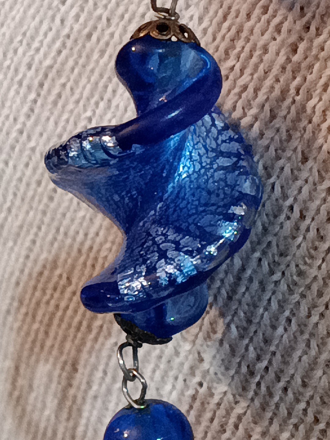 Handcrafted Twisted Blue White Murano Glass Blue Round Beads & Gunmetal Necklace