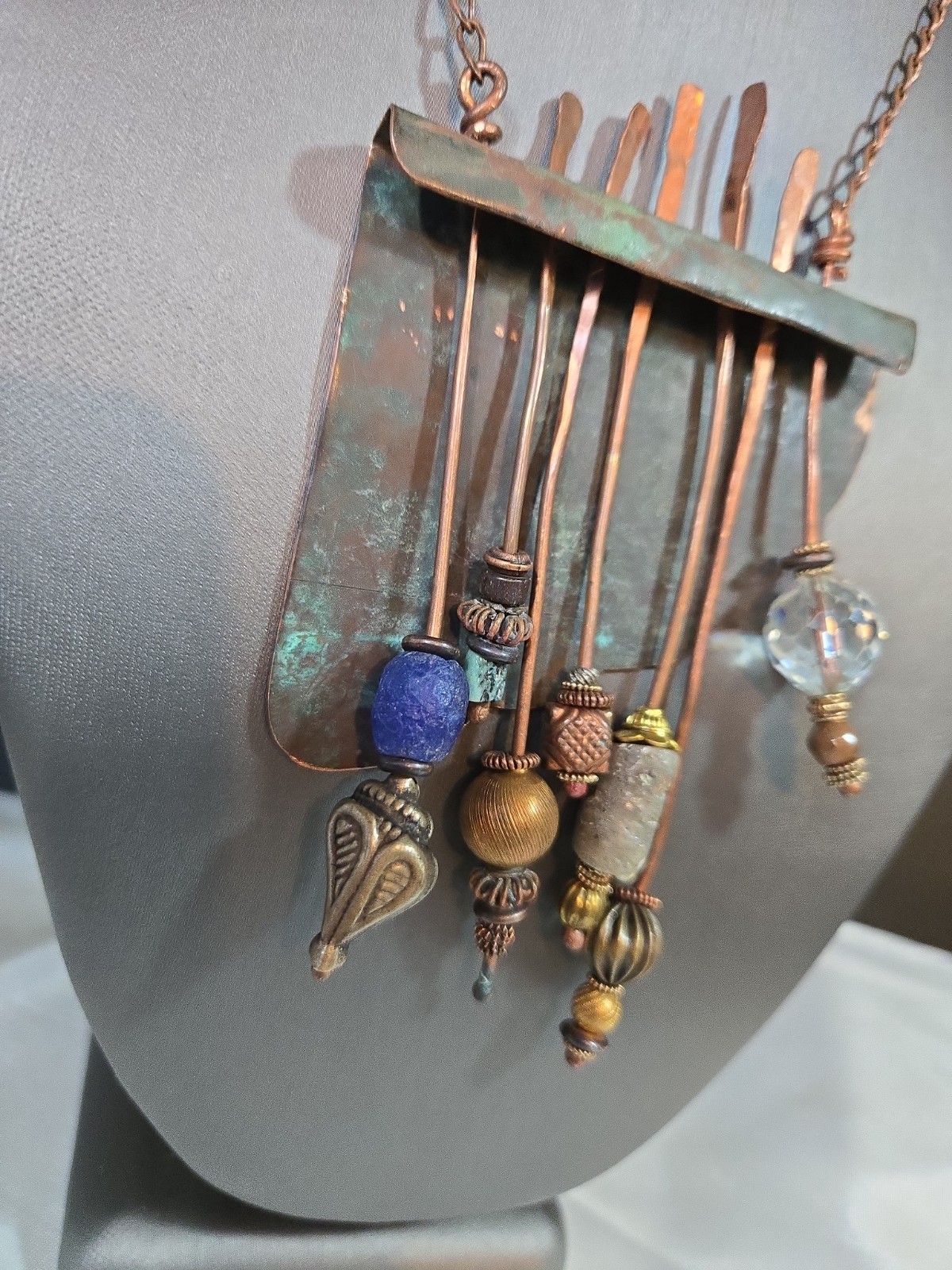 Artisan Made Brutalist Art Deco Necklace Copper Mixed Media Handmade