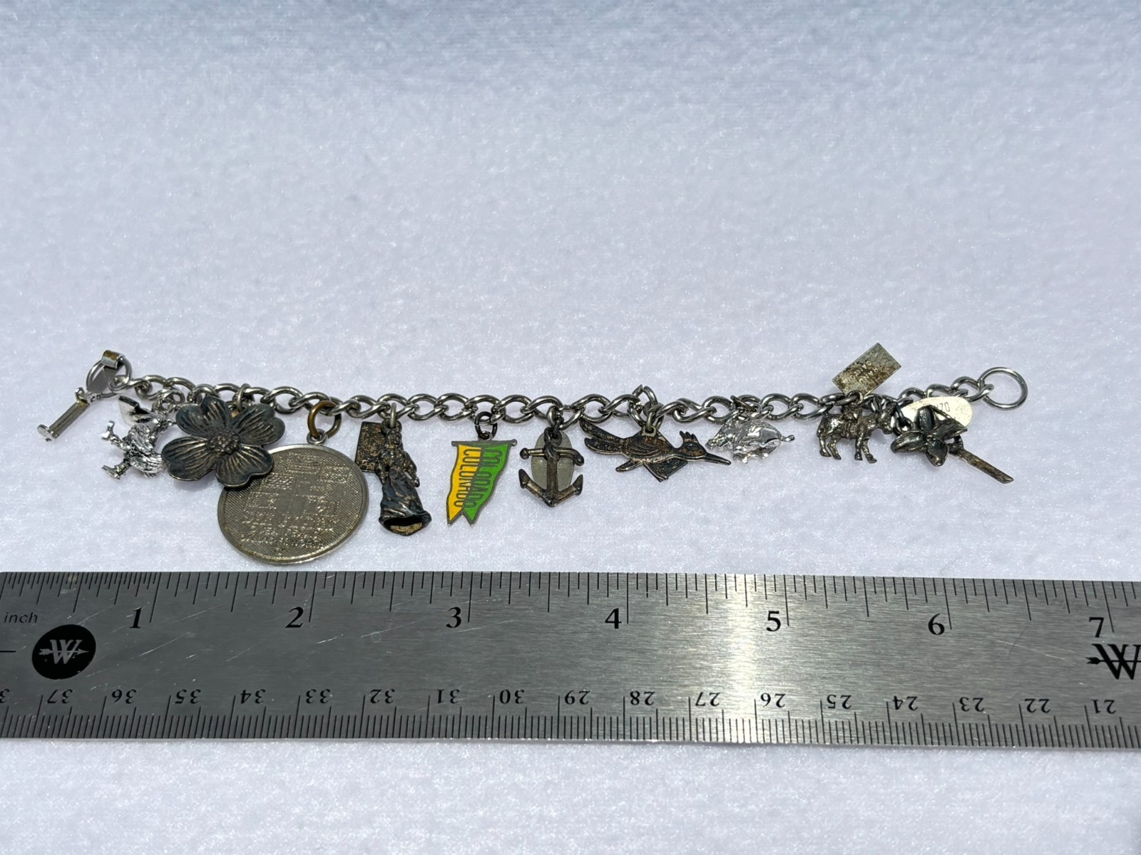 Vintage Sterling Silver Charm Bracelet Travel Themed with 10 Charms 6.5″ length