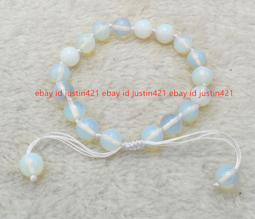 Natural 10mm White Mexican Opal Moonstone Gems Round Beads Braided Bracelet 7.5″