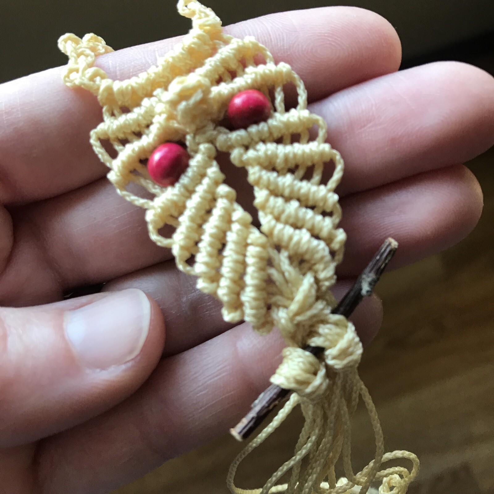 Vintage Macrame Owl Necklace Red Wood Bead Eyes Twig Branch Perch Handmade New