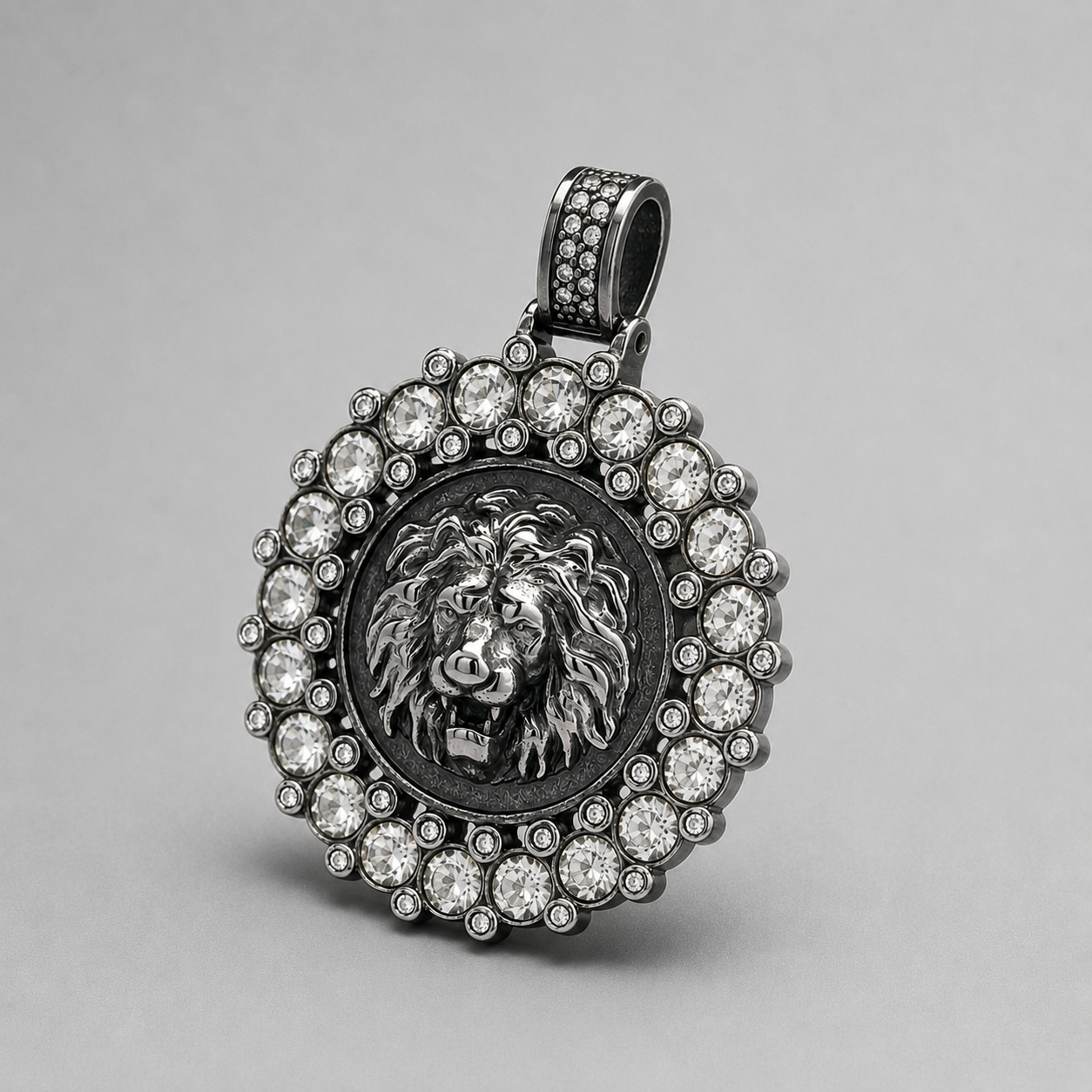 Iced Lion Head Pendant Silver Plated Steel CZ Hip Hop Men’s Jewelry