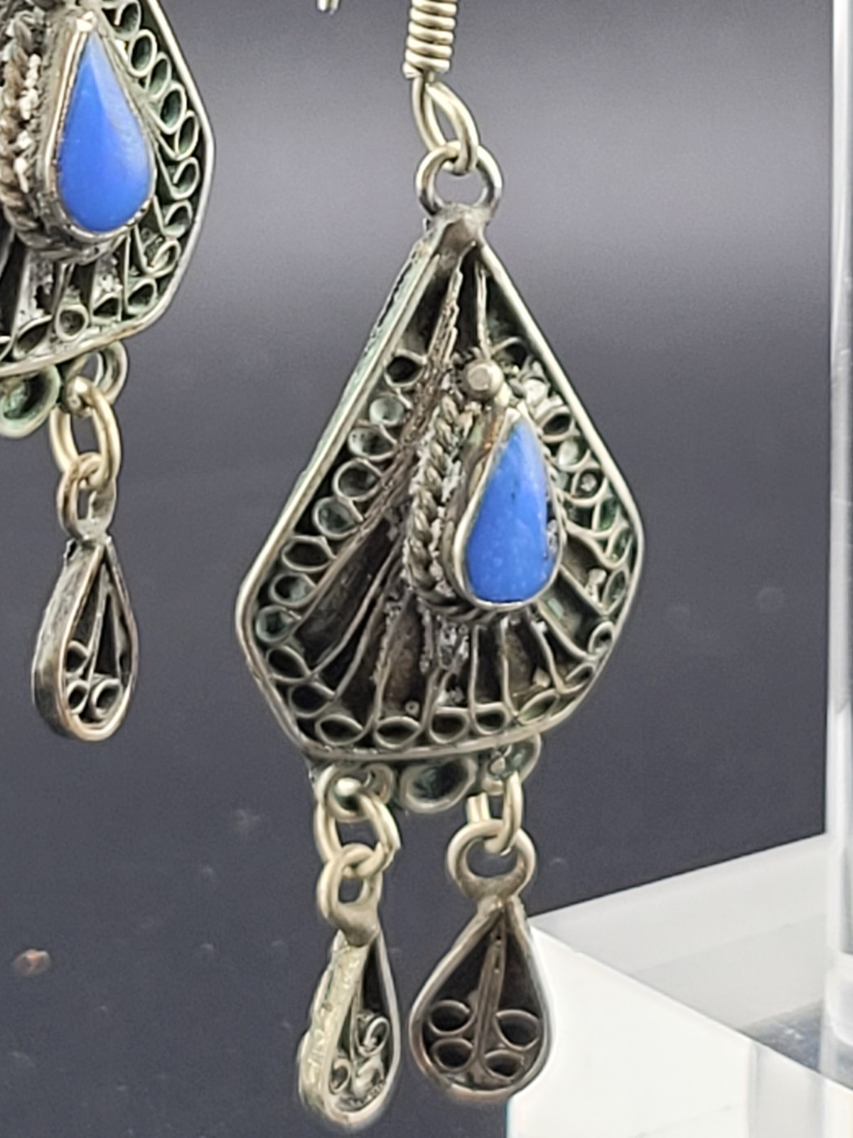 Vintage East India Blue Glass Stone Nickle Silver Chandelier Statement Earrings