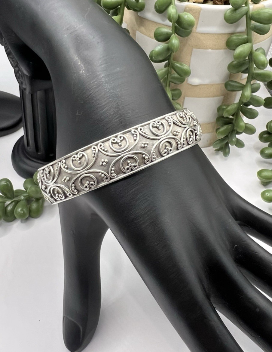 Bali Filigree Granulation Design Cuff Bracelet in 925 Sterling Silver 25.5 g