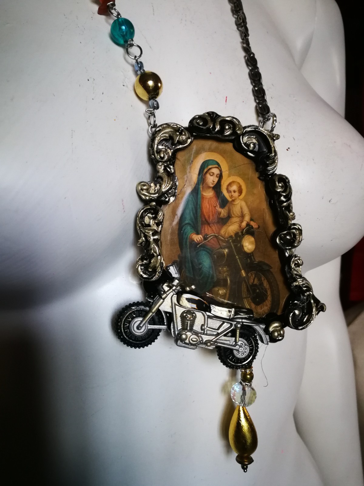 Vintage Assemblage Jewelry Necklace Pendant Baroque Pop Religion Motorcycle Fans
