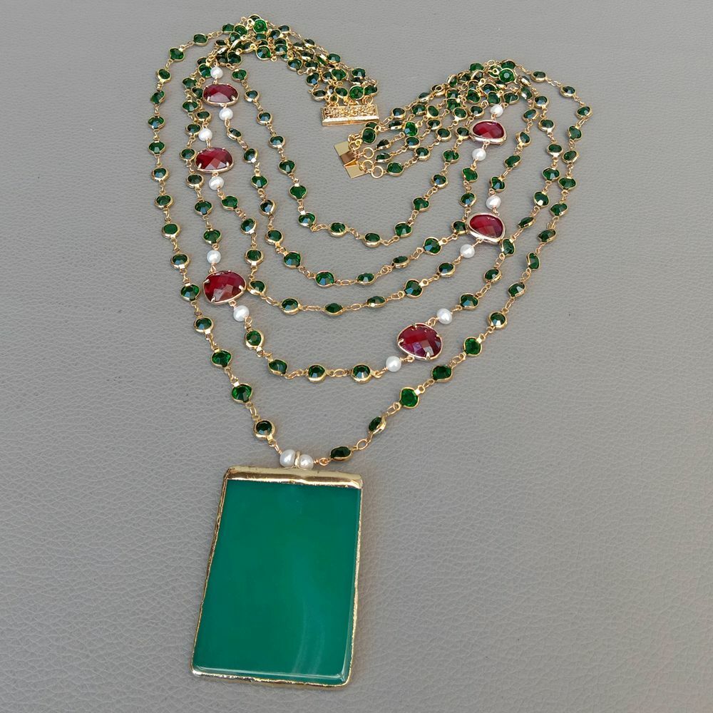 5 Strands 18” White Pearl Green Crystal Chain Necklace Green Agate Pendant