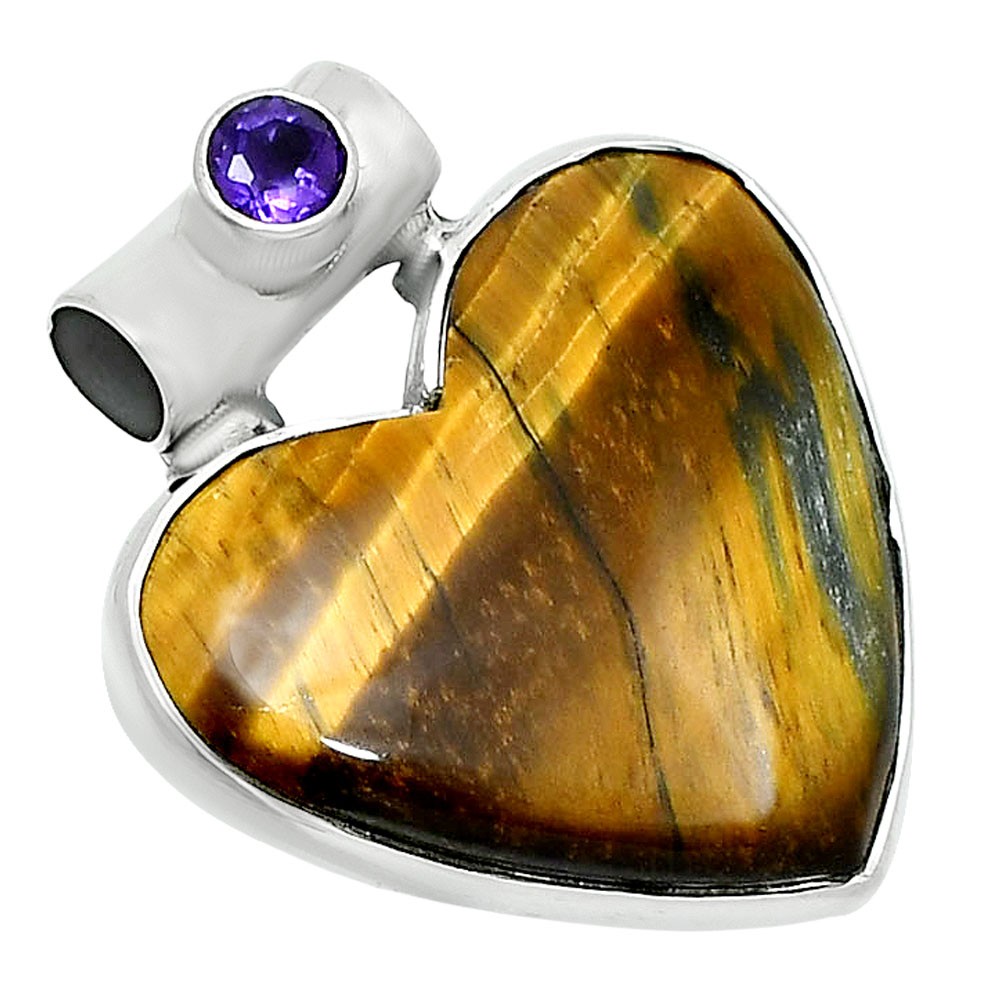 Premium Heart Tiger Eye & Amethyst 925 Sterling Silver Pendant Jewelry P-1300