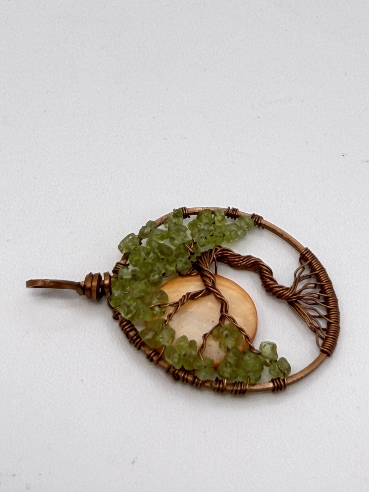 August Peridot Green Crystals Carnelian Bonsai Tree Of Life Copper Pendant