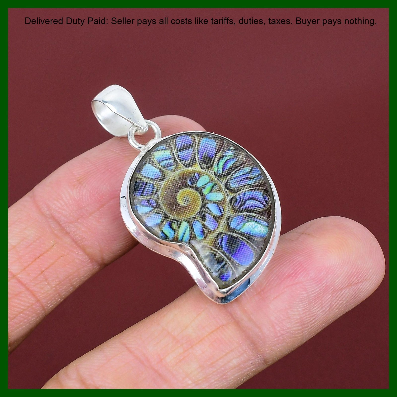 925 Silver Abalone Shell In Ammonite Doublet Opal Gemstone Bezel Pendant Jewelry