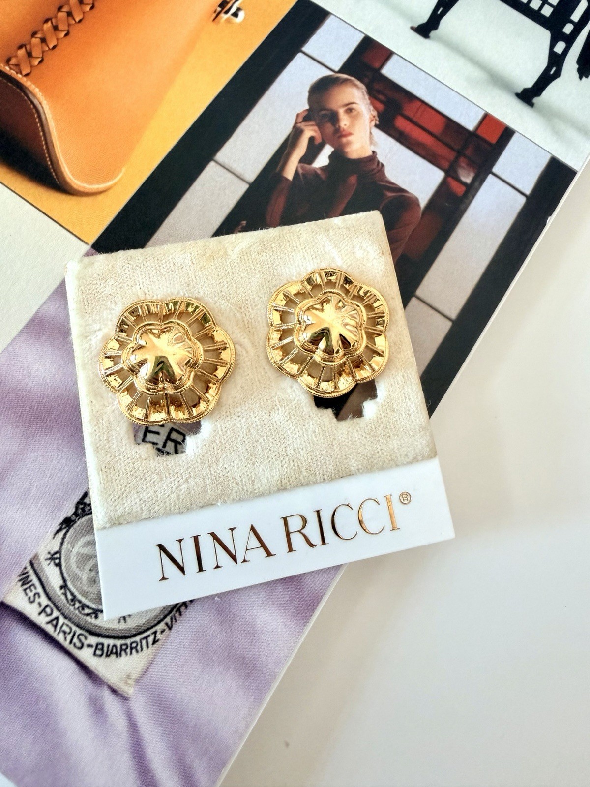 Vintage Nina Ricci Gold Flower Clip-on Earrings