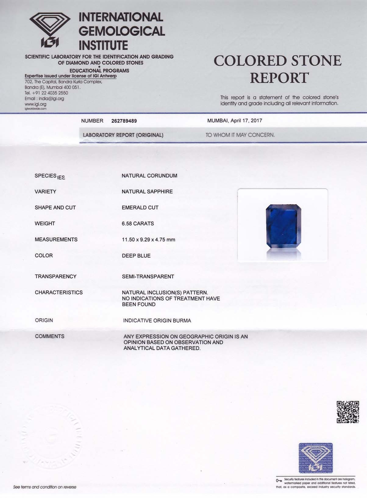 IGI Certified BURMA Blue Sapphire 6.58 Cts Natural Untreated Dark Blue Octagonal