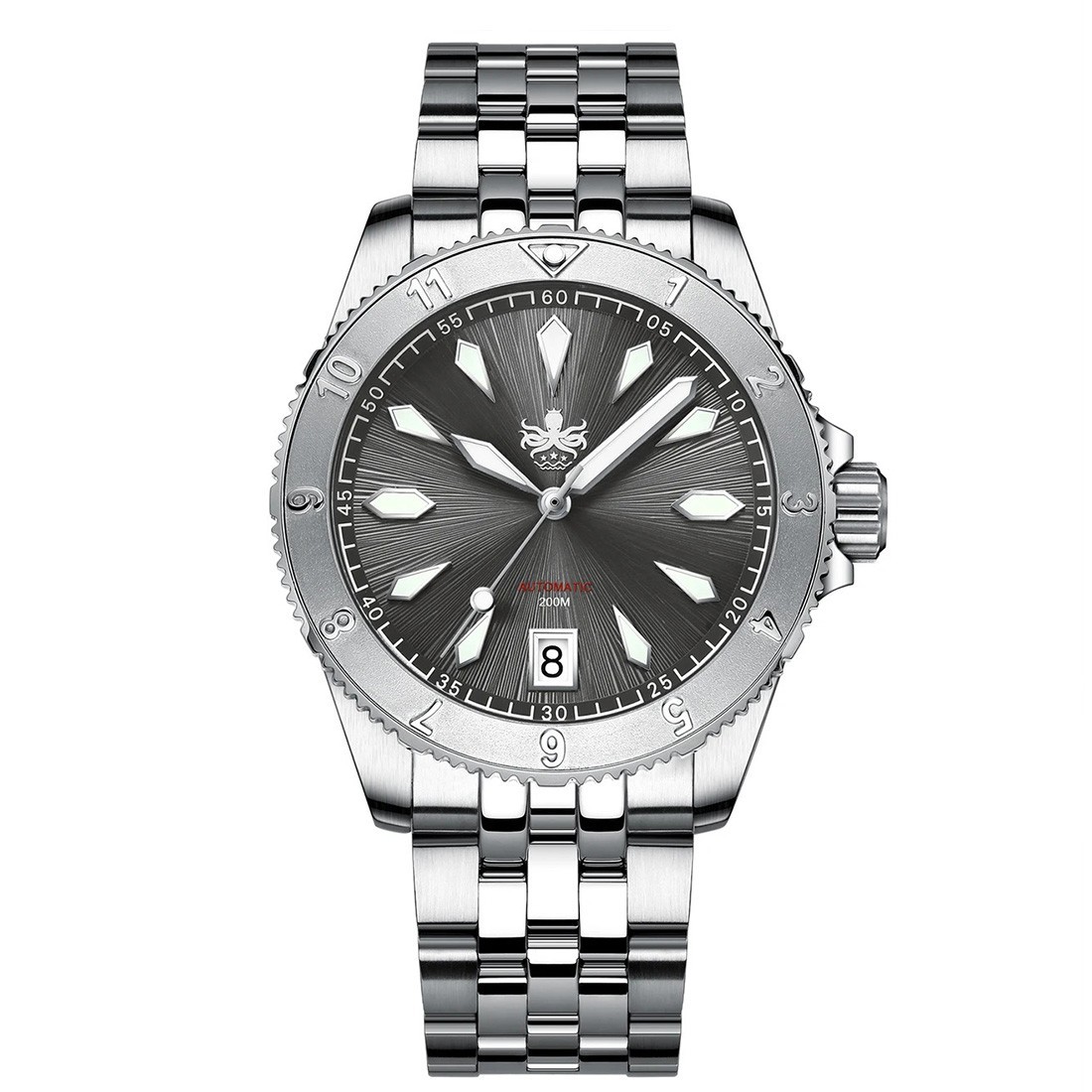 Phoibos Voyager 200M Steel Automatic Grey Sunray Diver Date Men’s Watch