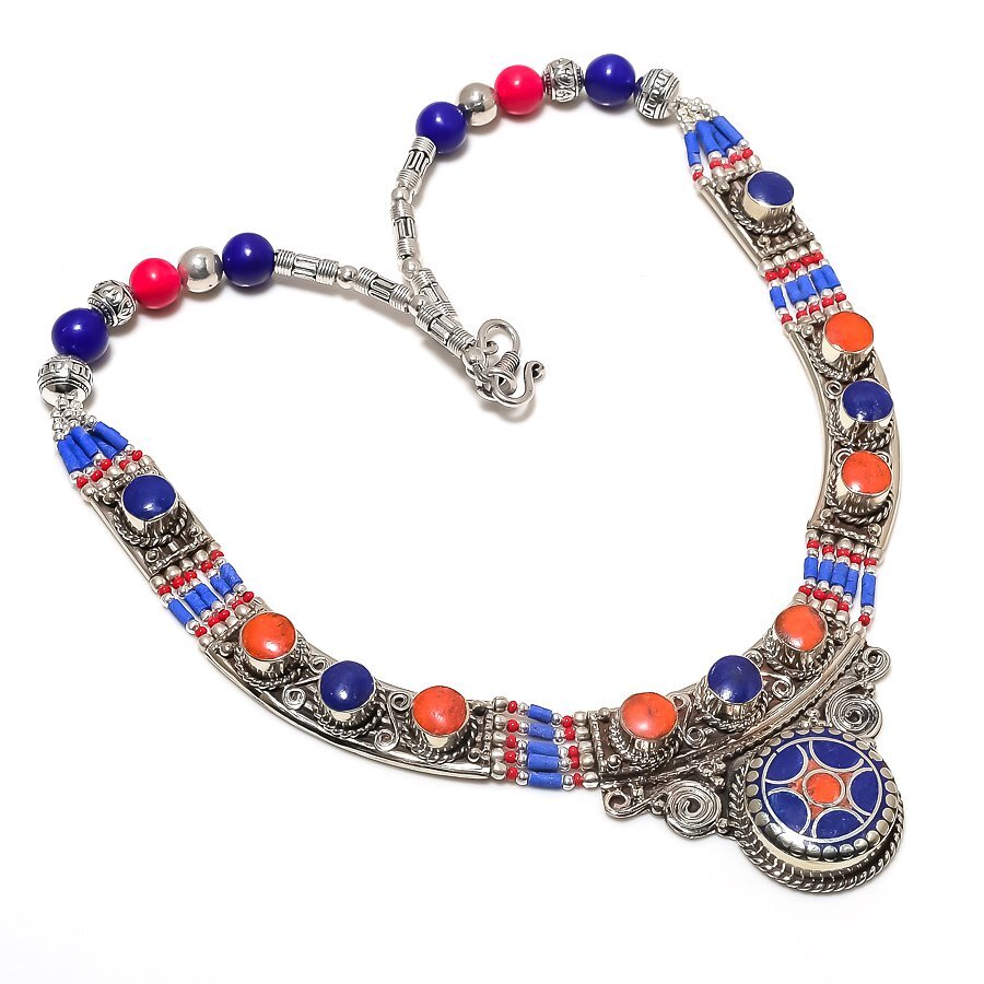 Red Coral Lapis Lazuli Gemstone Necklace Tibetan Gift Nepali Jewelry 18″ NN 6692
