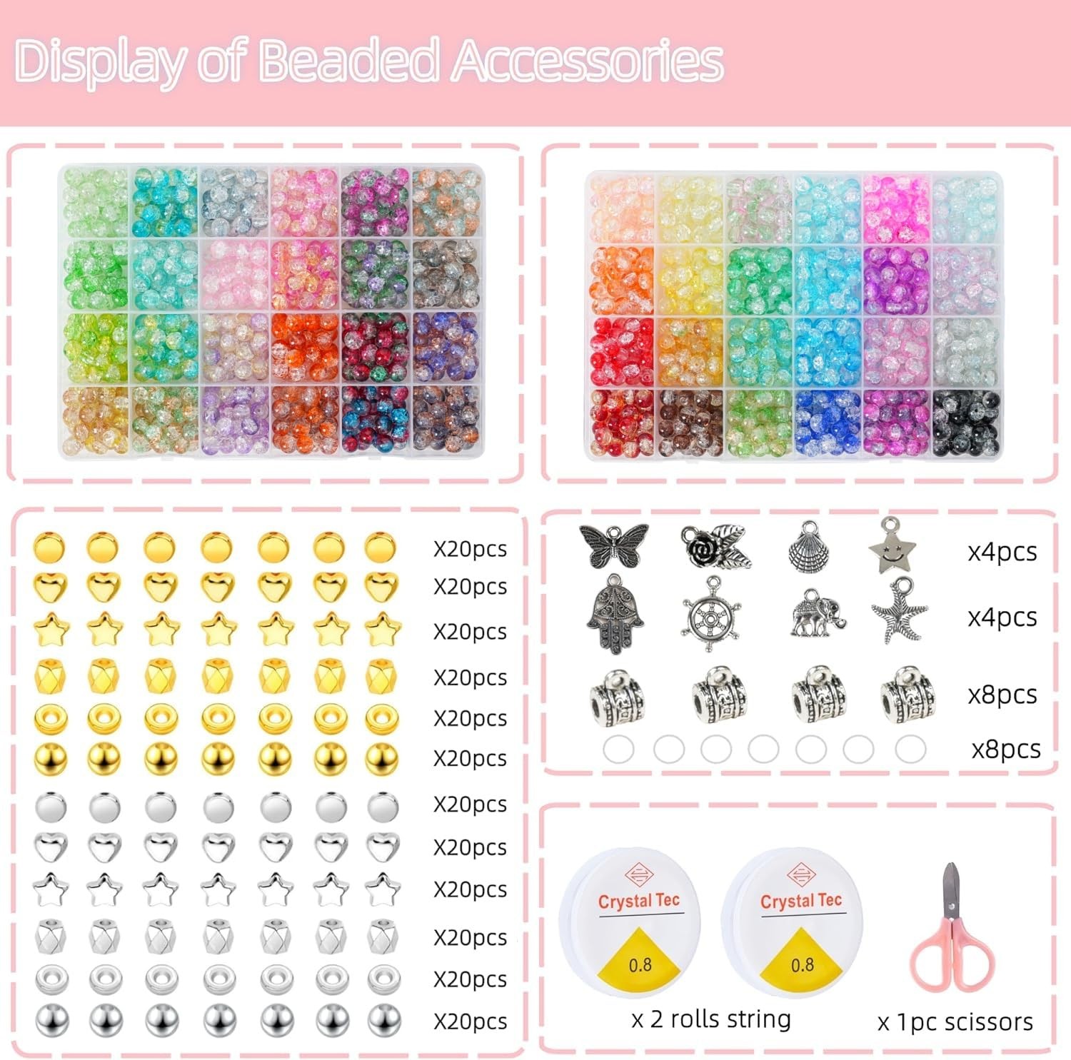 1300PCS 8mm Mixed Crackle Glass Beads for Bracelets Making Small, Style 1