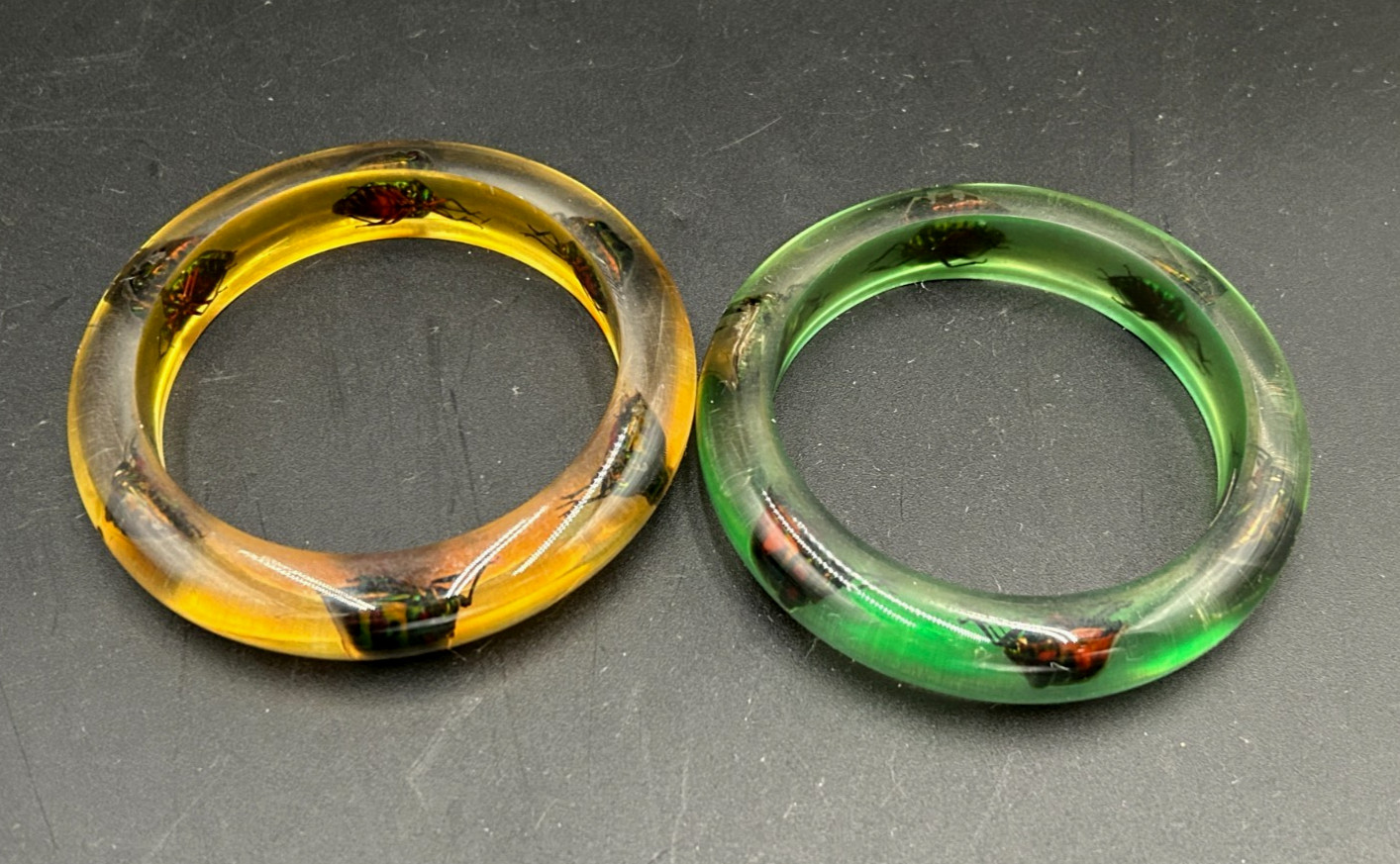 2 Vintage Resin Lucite Jewel Bettle Bangle Bracelets from Philippines Green Yell