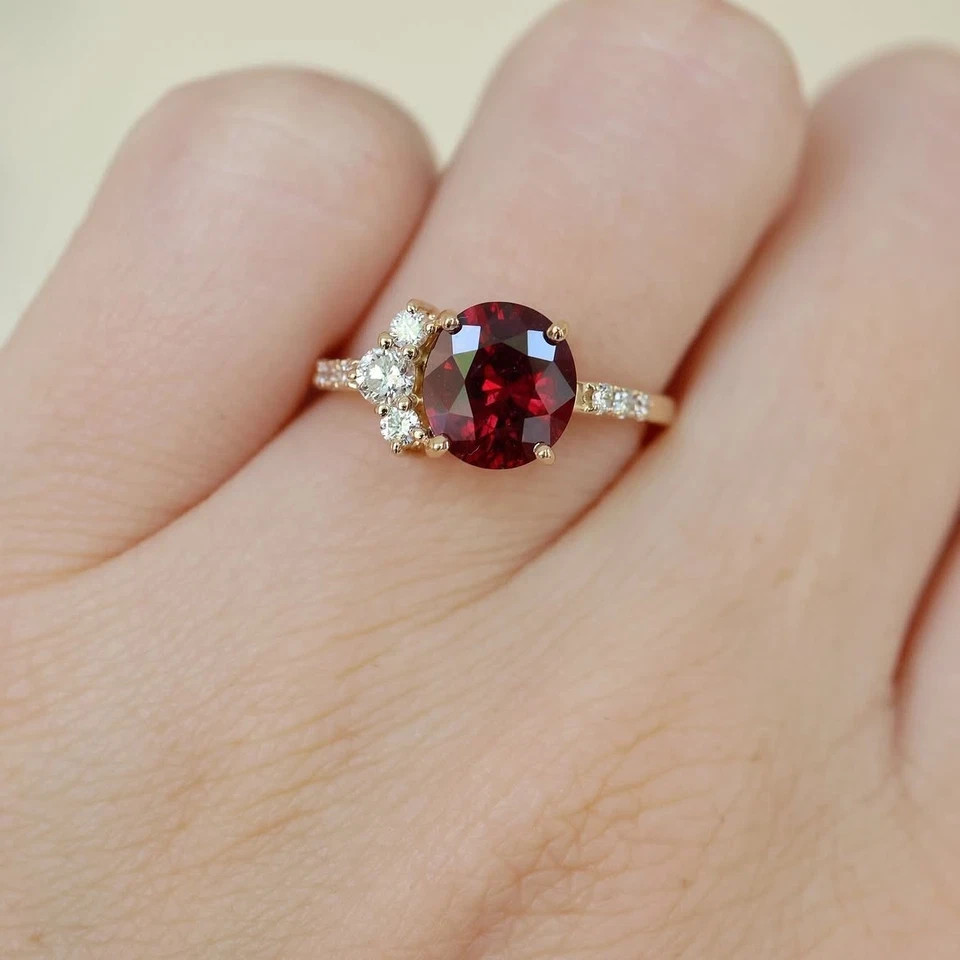 2.20Ct Round Cut Natural Ruby Diamond Wedding Ring 14K Yellow Gold Size 6 7 8 9