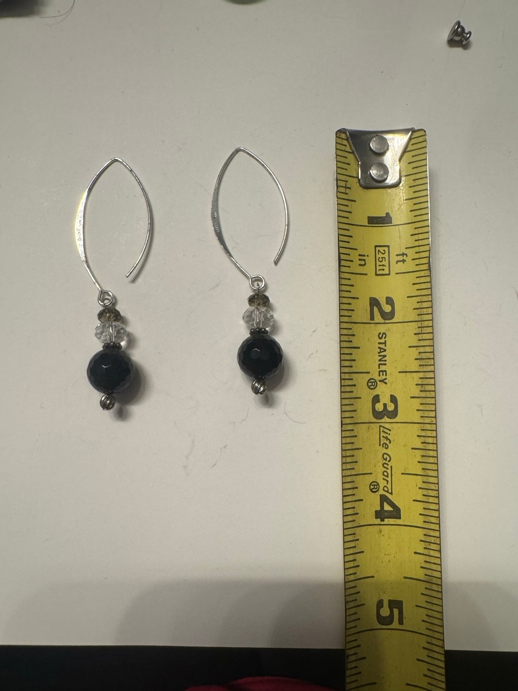 Black Faceted Bead & Crystal Drop Dangle Earrings Silver Tone Hook Boho Handmade