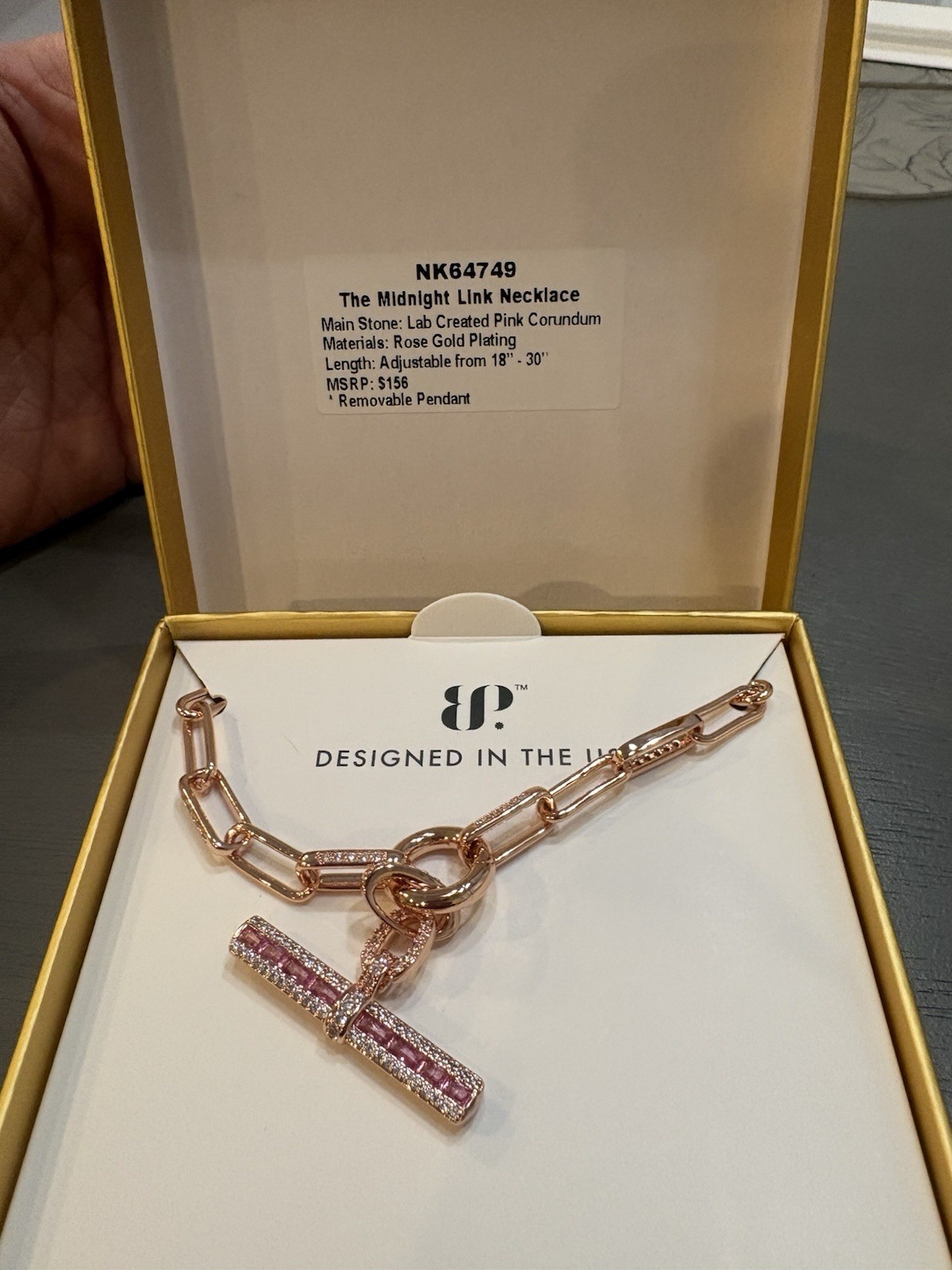 BP Rose Gold Plated Pink Corundum CZ Bar Pendant Necklace Adj 18-30″ NK64749