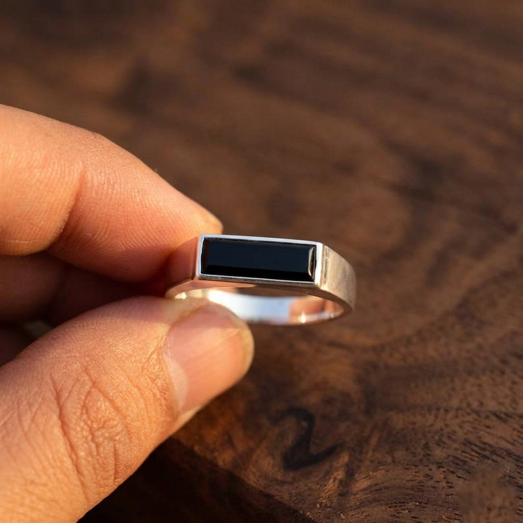Natural Black Onyx Signet Ring Men Sterling Silver Handmade Gemstone Ring