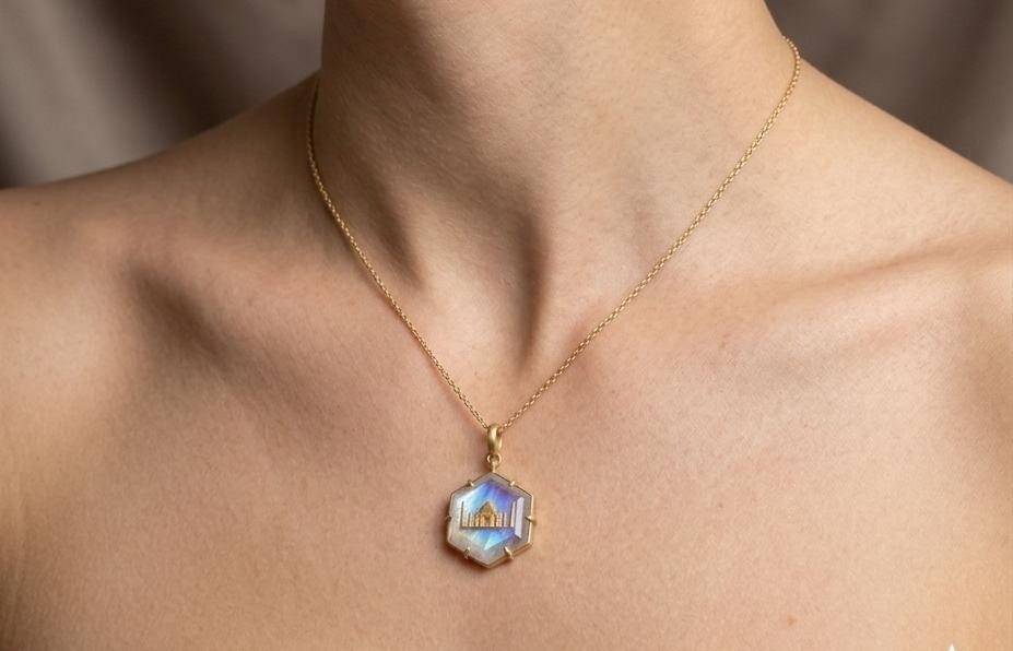 Natural Rainbow Moon Stone Taj mahal Pendant 925 sterling silver gold plated