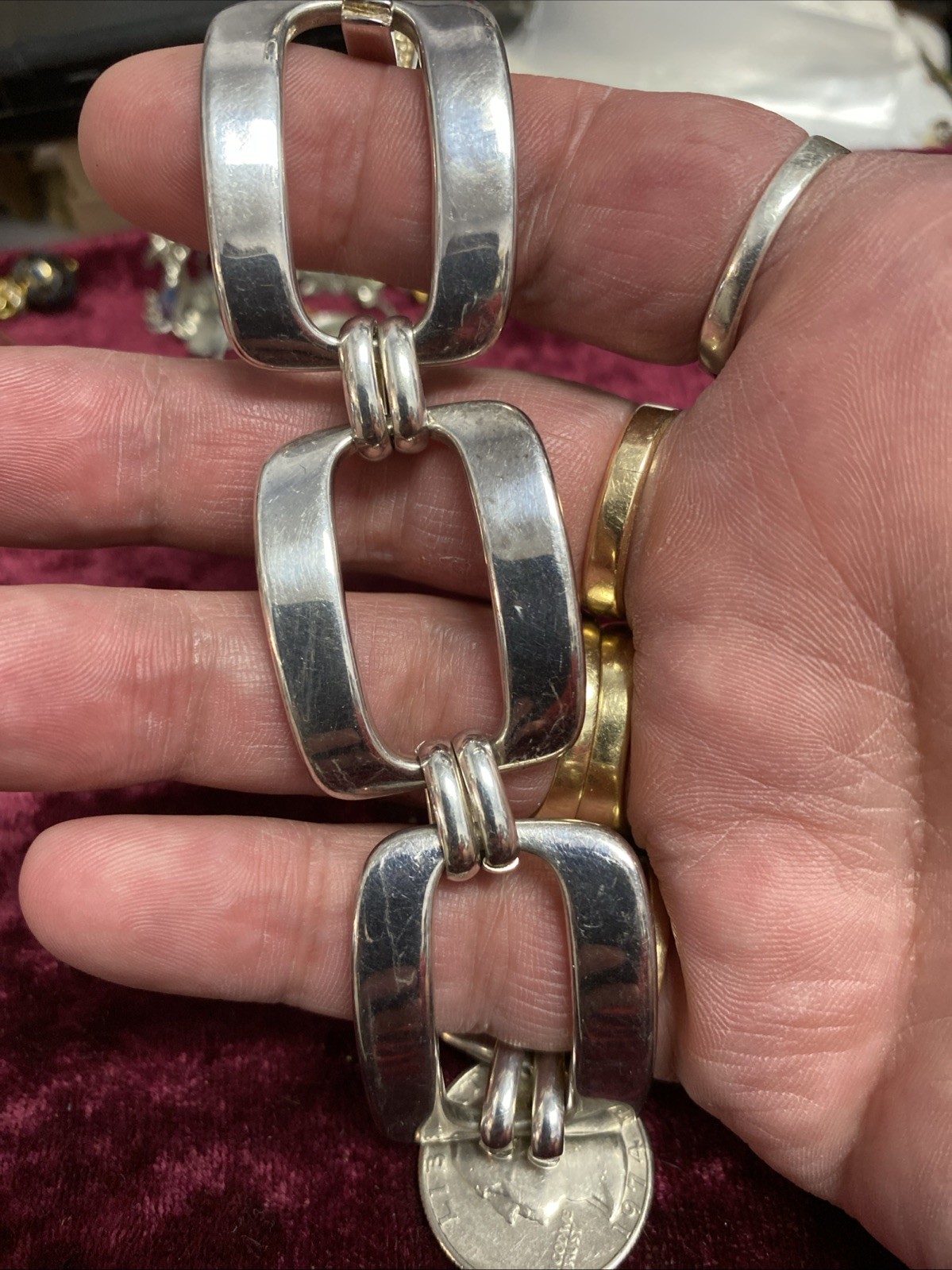Vintage Marked 925 Sterling Silver Italy Large Square Link Bracelet 7.5” 38gr.
