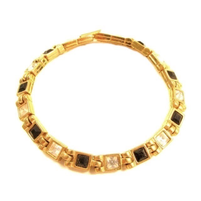 Signed LR Black & Clear Rhinestone Gold Toned Bracelet
