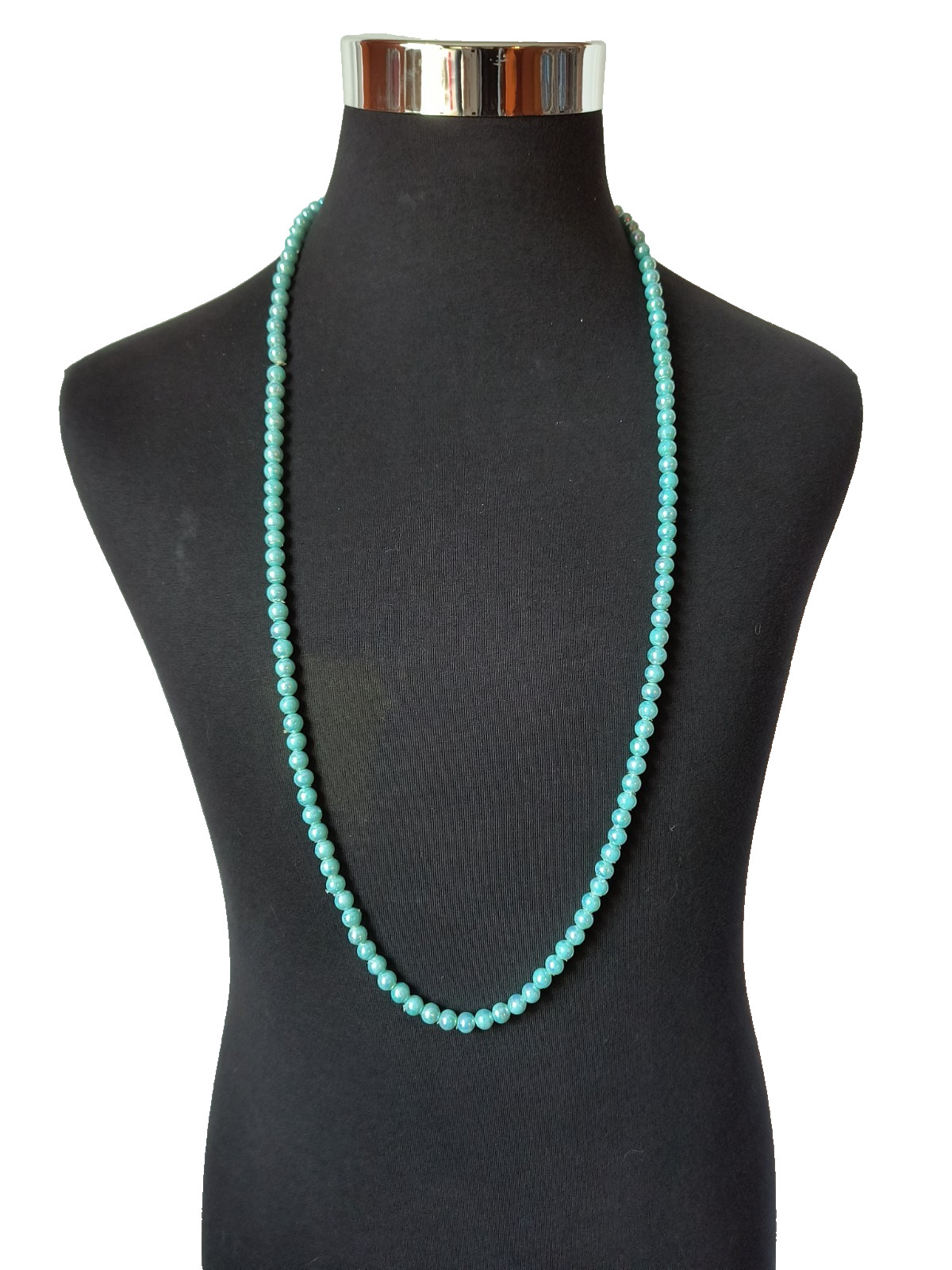 Women’s Necklace Aqua Color Iridescent Beads 38 Inches Long