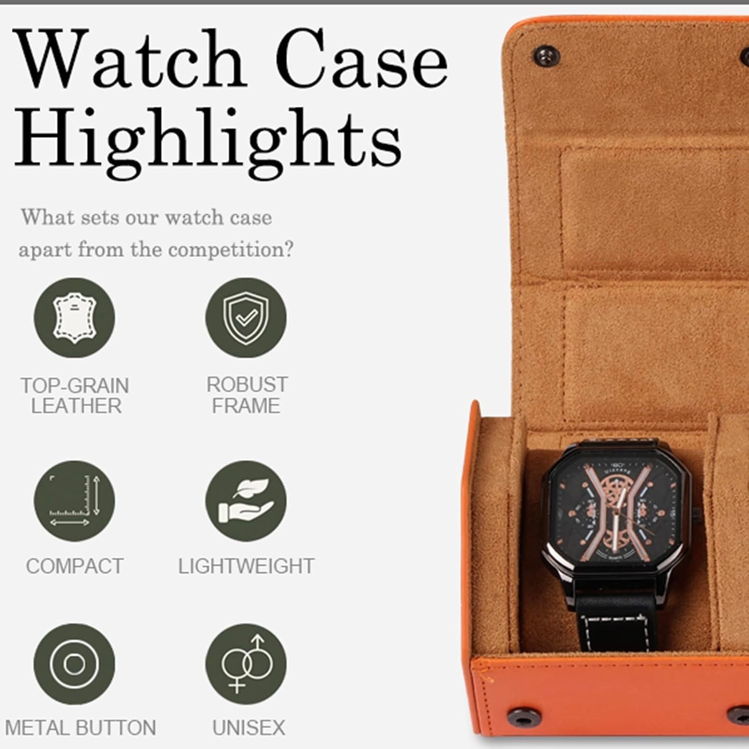 Orange Leather Watch Travel Case with Removable Cushions – Gift Ready