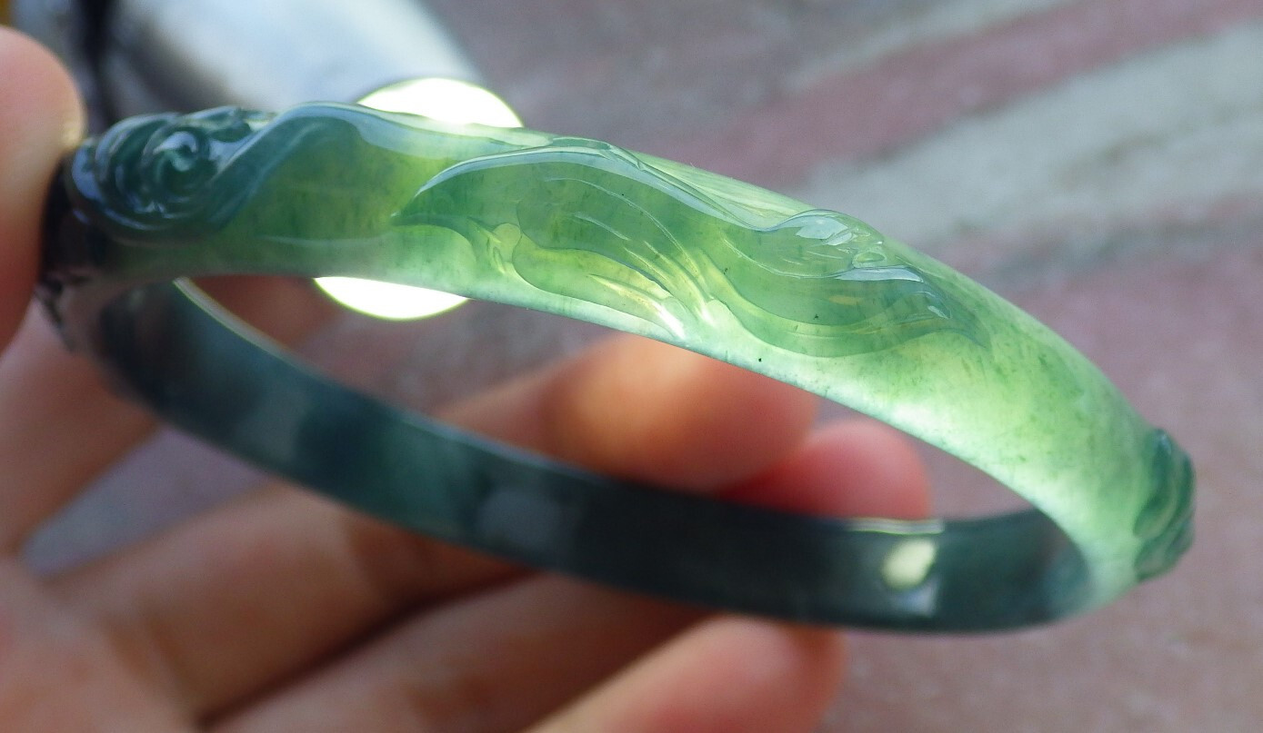 Video Certified Green A JADE Jadeite Flower Bird Bangle Bracelet 61mm 666113