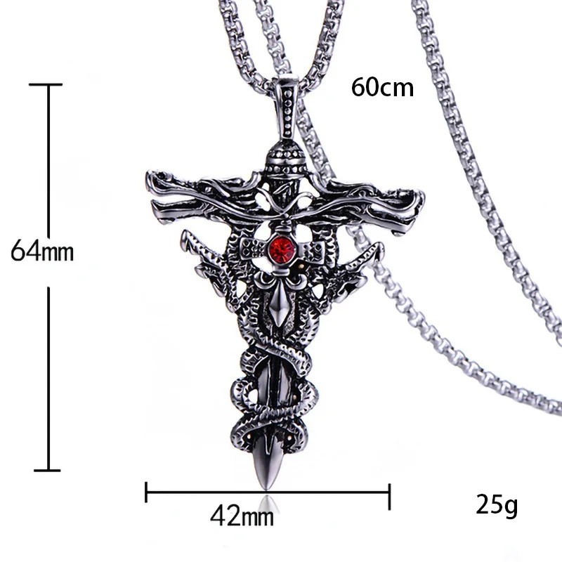 Gothic Style Double Dragon Sword Cross Pendant Necklace With 60cm Chain For