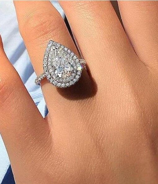 Gorgeous Pear Cut White Moissanite Duo Halo Engagement Ring 925 Sterling Silver7