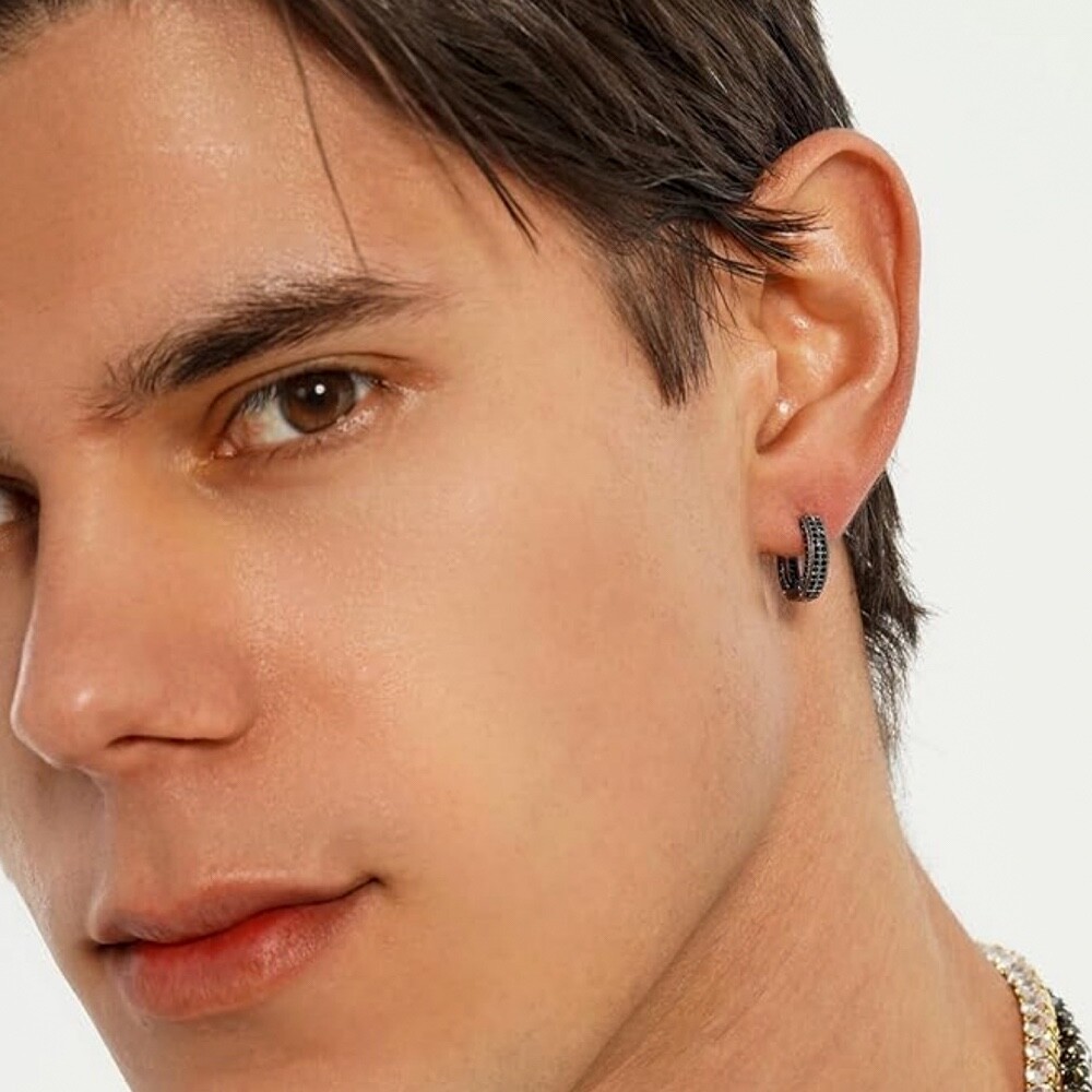 Black Plated Mens Sterling Silver Fully Iced Black Onyx Cz Hoop Earrings