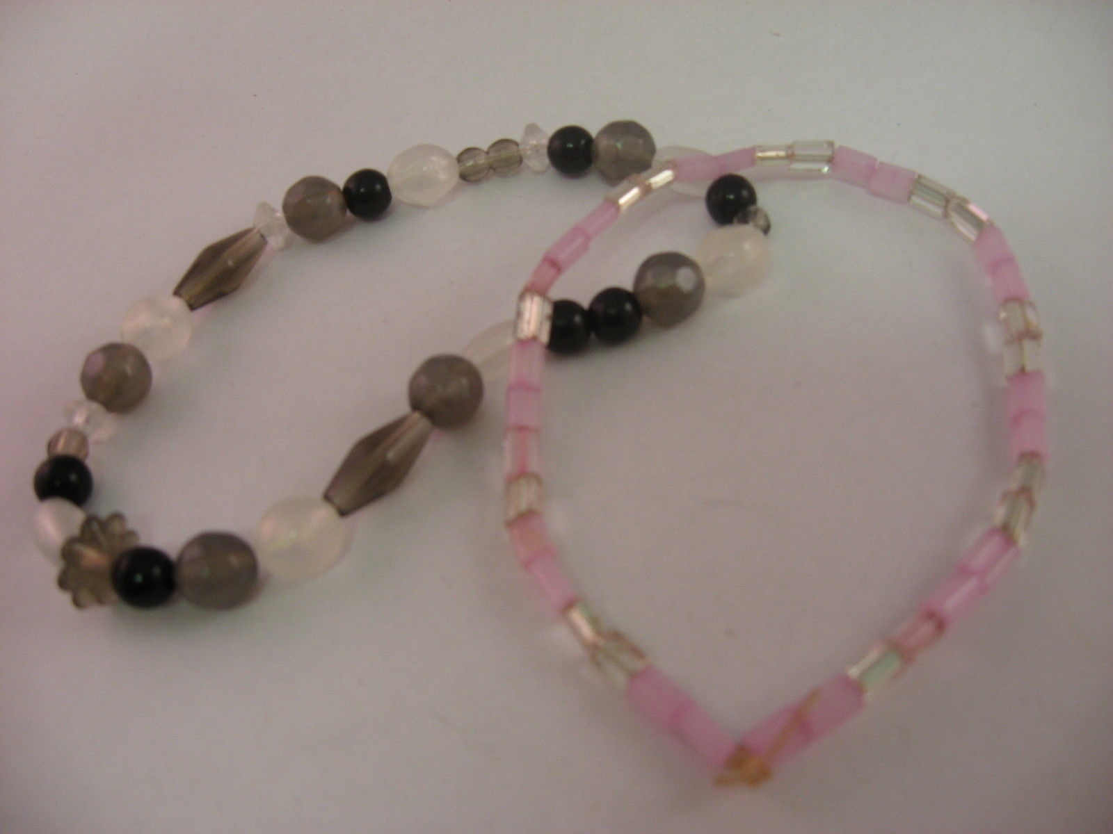 Lot of 2 Beaded Stretch Bracelets Pink Glass & Black Gray White Stone Boho Style