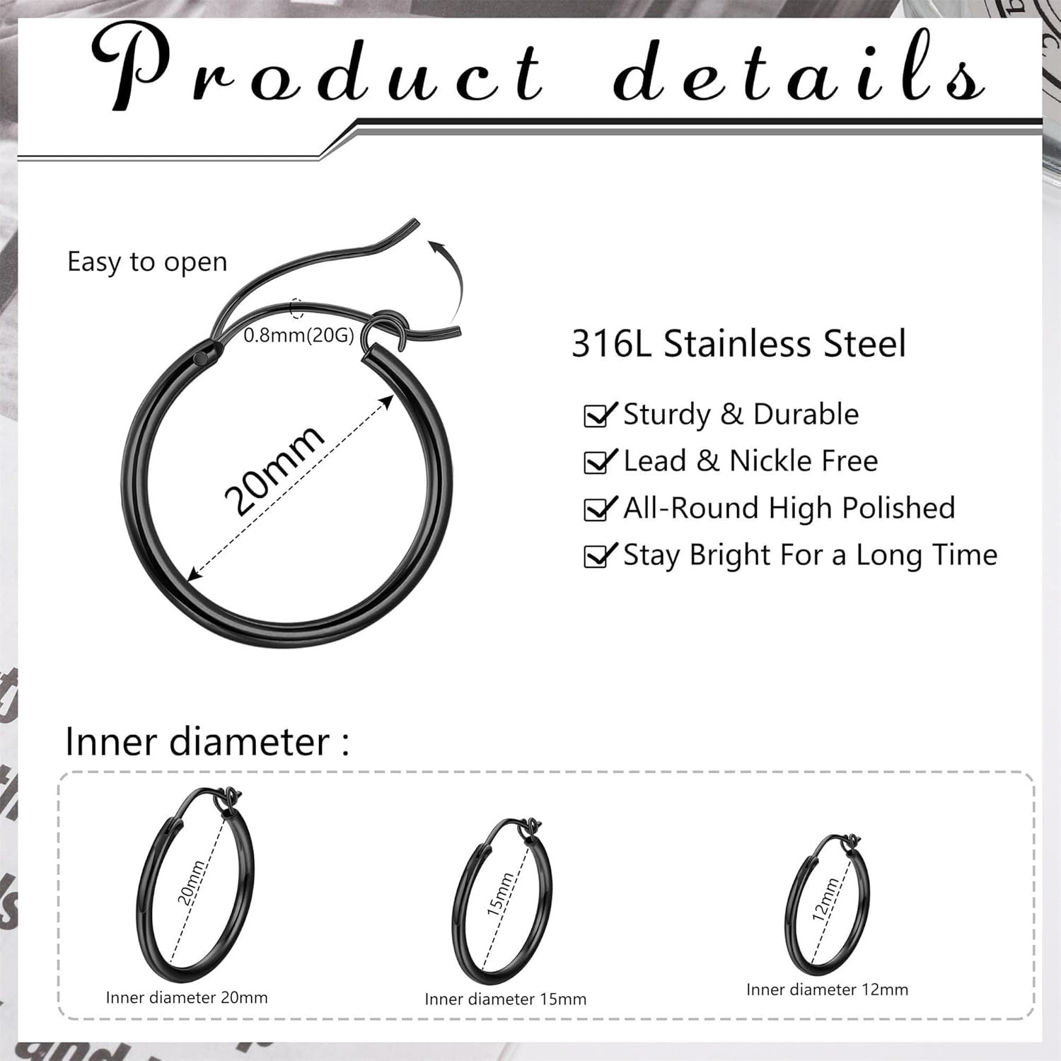 3 Pairs Stainless Steel Hoop Earrings Set for Women Mens Black Silver Gold Small