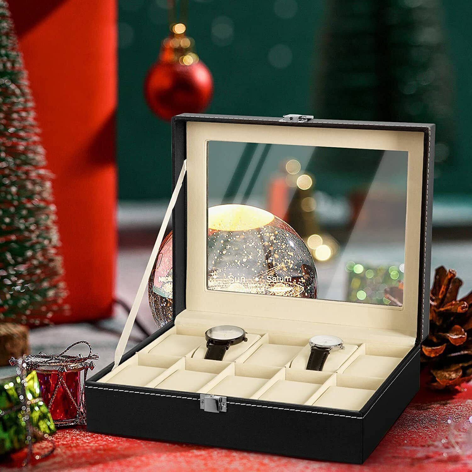 Mens Watch Box Display Case Storage Organiser PU Leather Holder Glass Top Gift