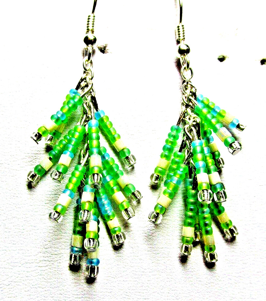 Silver Green, Blue & Ivory Glass Seed Beaded Tassel Pierced Earrings -NEW (#290)
