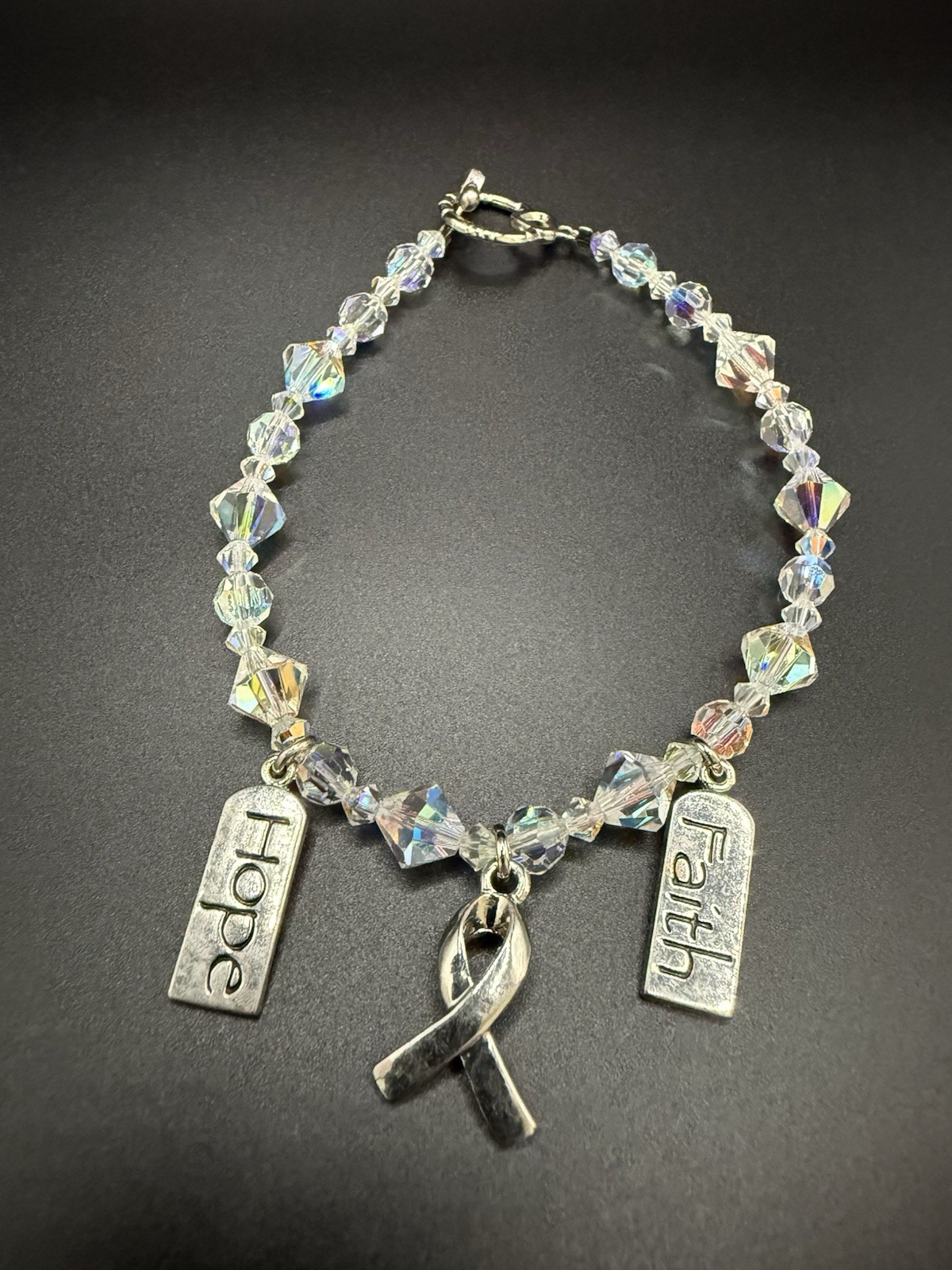 Swarovski Crystal Bead Cancer Bracelet Clear With Faith & Hope Charms