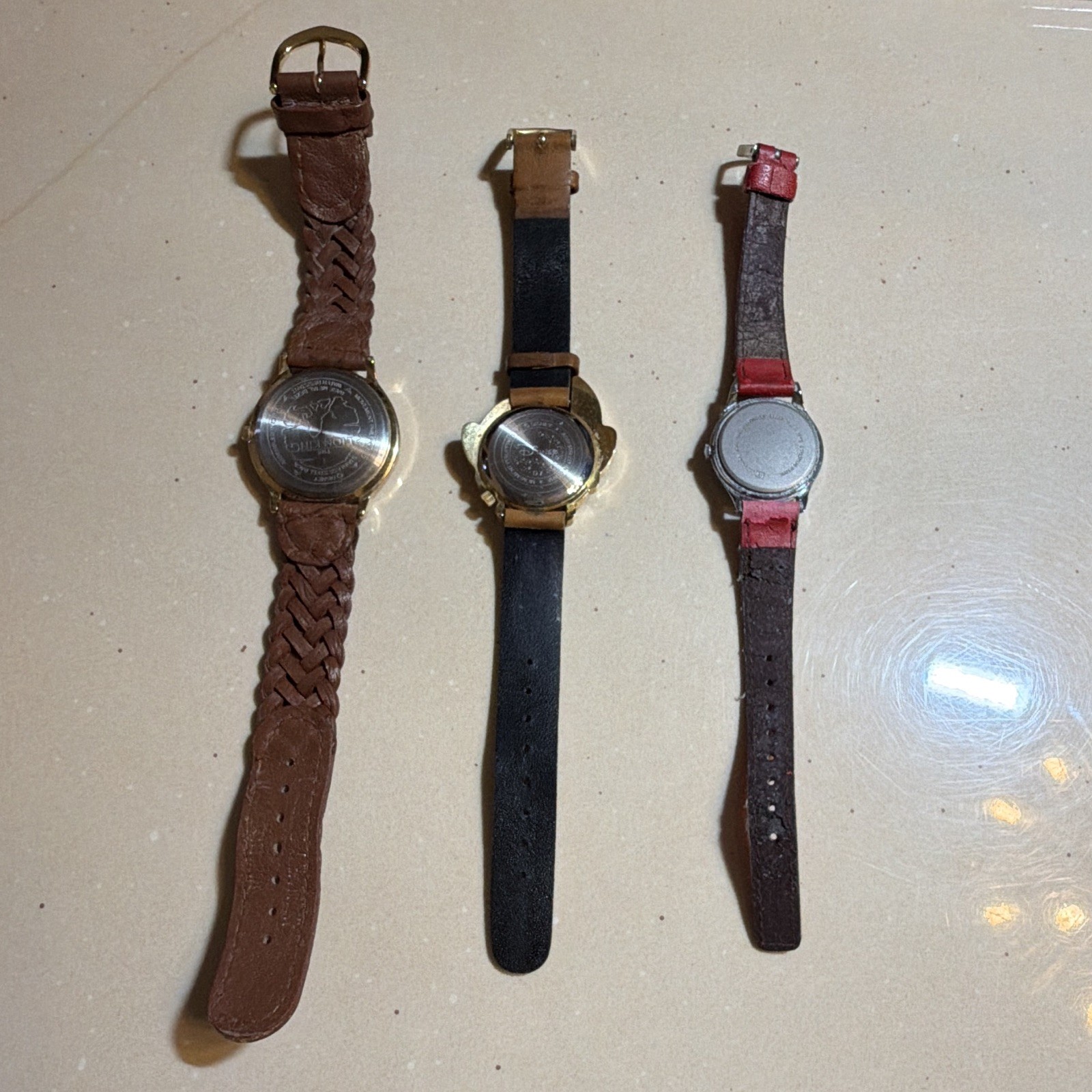 Lot of 3 Unisex Kids Character Wristwatches w/ Leather Straps Brown Tan Red