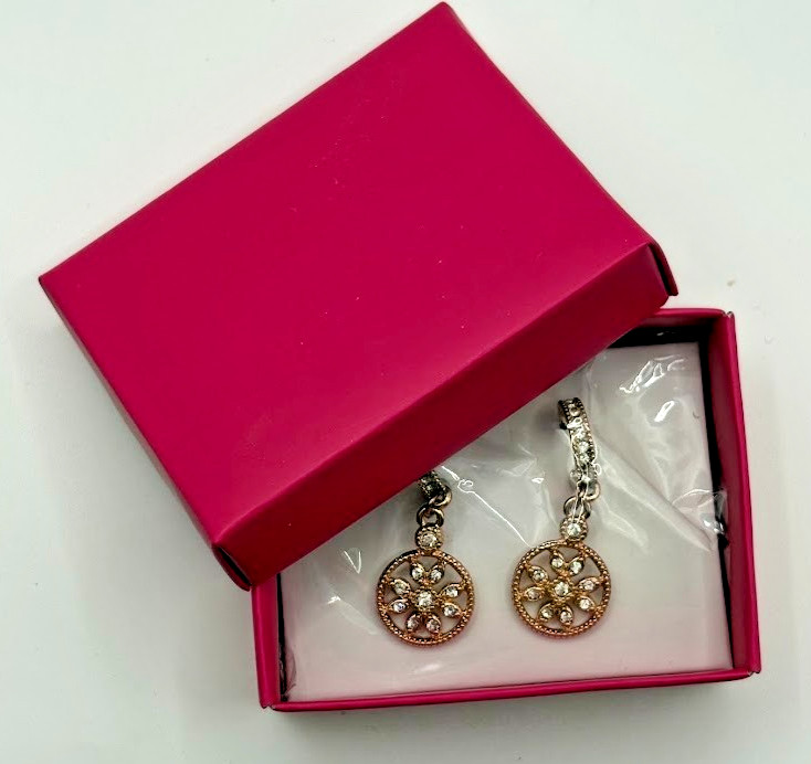 Avon Rose Gold Tone Clear Crystal Medallion Drop Dangle Earrings in Gift Box NIB
