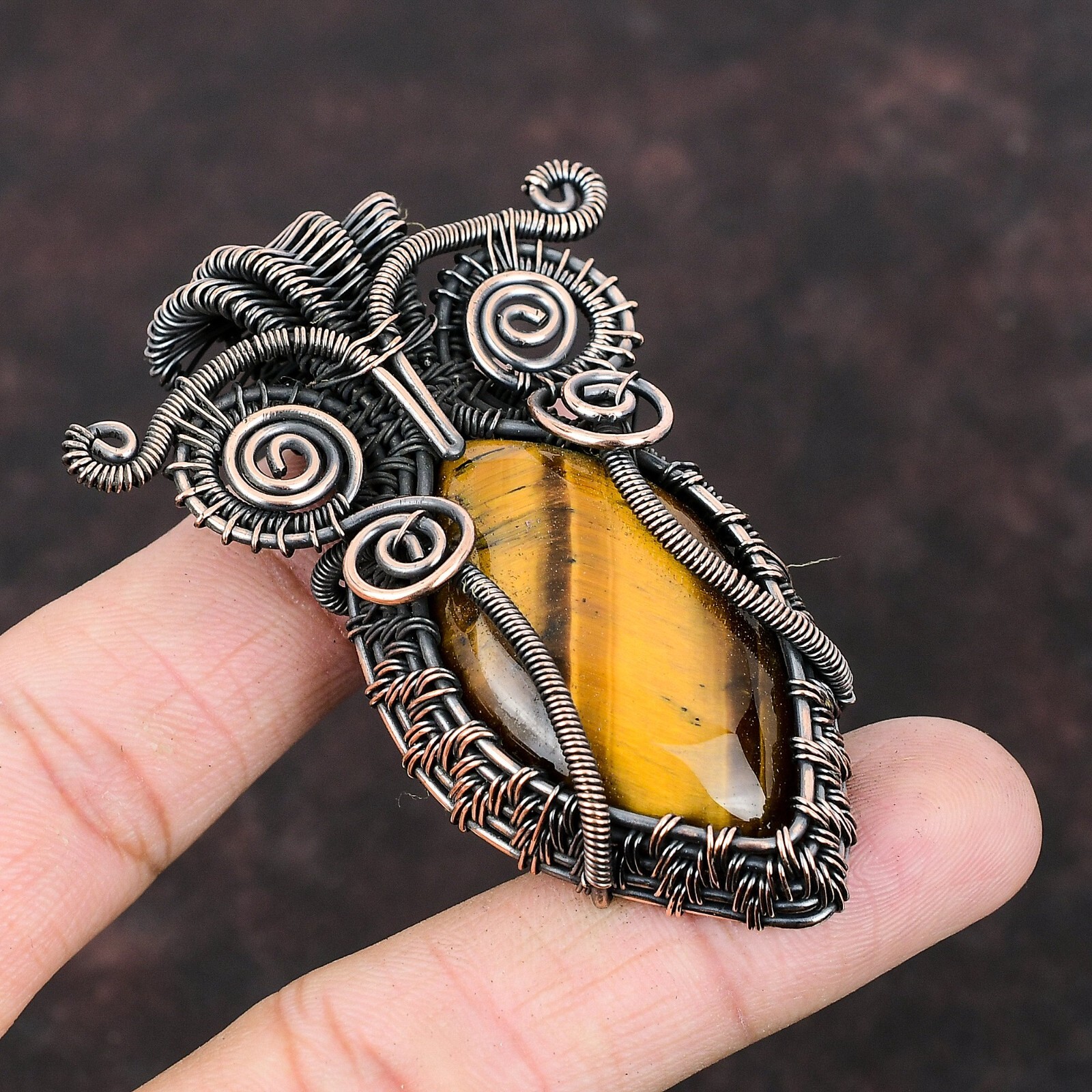 Tiger’S Eye Wire Wrapped Owl Pendant Handcrafted Copper Holiday Jewelry 2.83″